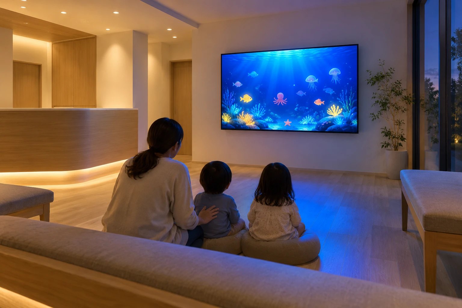 待合室の大型モニターを、親子が座って見ている。